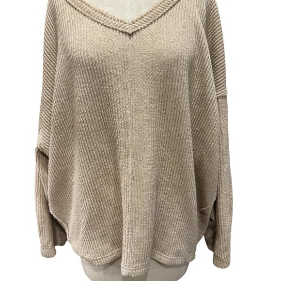 Free People Easy V Pullover Sweater – Oversized Chenille Knit in Ivory Cream – S - Picture 3 of 5